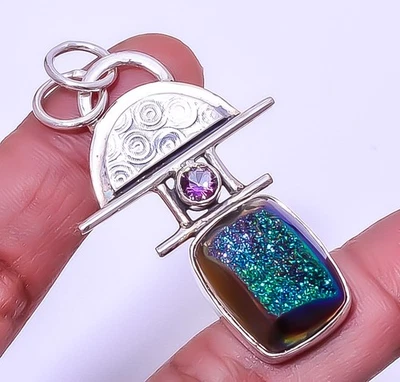 Colgante de plata de ley 925 con piedras preciosas de ágata pavo real de titanio 2,15" A38 Foto 1 de 4