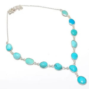 Natural Arizona Turquoise 925 Sterling Silver Art Deco Chain Necklace Jewelry - Picture 1 of 7