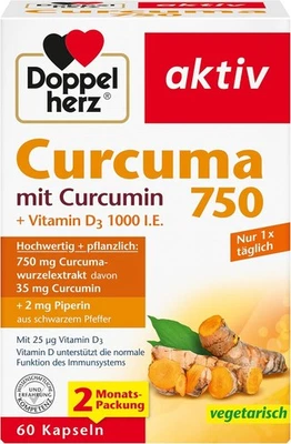 Doppelherz Curcuma 750 mit Curcumin + Vitamin D3 1000 I.E. – 60 Kapseln - Bild 1 von 4