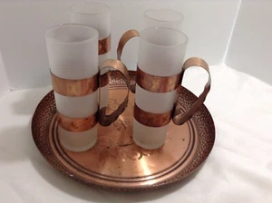 MCM Fantasy Copper Ware Copper Tray with 4 Frosted Tall Mugs with Handles - Picture 1 of 4
