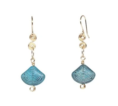 Handmade Gold Nautical Boho Dangle Earrings with Aquamarine Shell Beads - Image 1 of 4