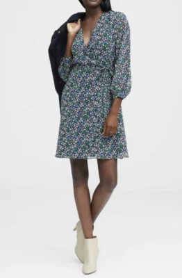 Vestido Banana Republic Mujer Talla 4 Azul Floral Imitación Envolvente Manga Larga con Faja Cinturón Foto 1 de 4