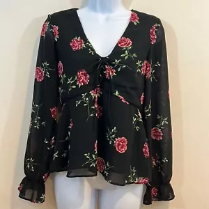 Divided by H&M Shirt rosa Blumen V-Ausschnitt Rüschenbündchen Größe 0 - Bild 1 von 8