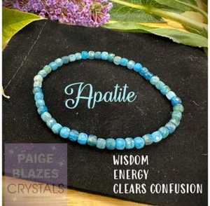 Crystal Healing Stones Apatite Blue 4mm Cube Bracelet Wisdom Energy - Picture 1 of 2