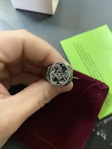 Freemason Skull And Bones Signet Masonic Handcraft Engraved Sterling Silver Ring - Picture 1 of 7