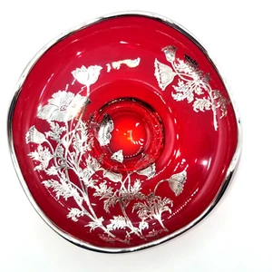 Ruby Poppy Sterling Overlay On Crystal  Glass Bowl Round Silver City Flanders - Picture 1 of 5