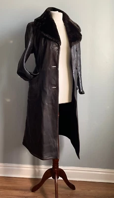 ABRIGO LARGO DE CUERO TRINCHERA 10 12 cuello de piel sherpa oficial militar steampunk Foto 1 de 4