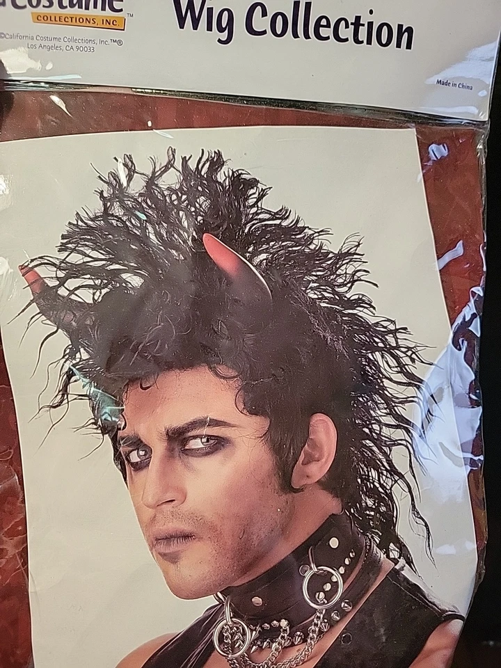 Disfraz California Peluca Negra Siniestra Nueva Punk Diablo Orejas Rojo Foto 1 de 2