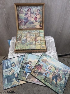 Antique Wood Block Puzzle 6-in-1 Picture Cubes Victorian w/ Box 5 Guide Sheets - Picture 1 of 23