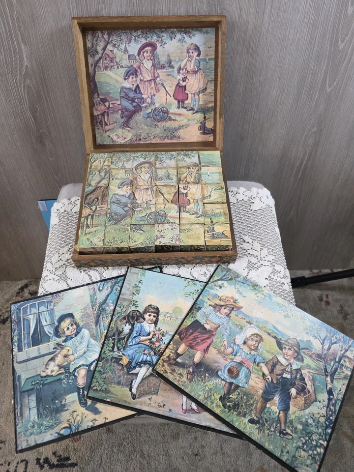 Antique Wood Block Puzzle 6-in-1 Picture Cubes Victorian w/ Box 5 Guide Sheets - Image 1 of 4