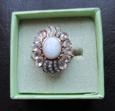 Anillo vintage de plata de ley 925 con ópalo morganita blanco y diamantes talla 8 Foto 1 de 3