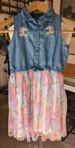 EUC Star Ride Girls 6/7 Denim Tulle Dress Unicorn Lined Embroidered Pink - Picture 1 of 9