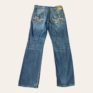 Silver Gordie Jeans Mens 34x33 Relaxed Straight Distressed Stretch Medium Wash - Picture 1 of 15