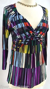 BCBG Maxazria shirt slinky knit matte jersey geo stripe top blouse Twist V S NEW - Picture 1 of 7