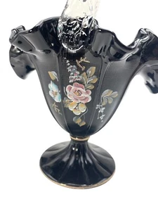 Vtg Fenton Black Glass Basket Clear Handle Ruffle  11" T  Shiny Textured HP  - Picture 1 of 7