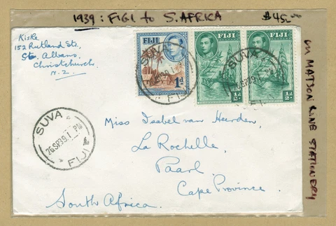 Fiji 1939: Letter from Suva to South Africa #7903 Cover