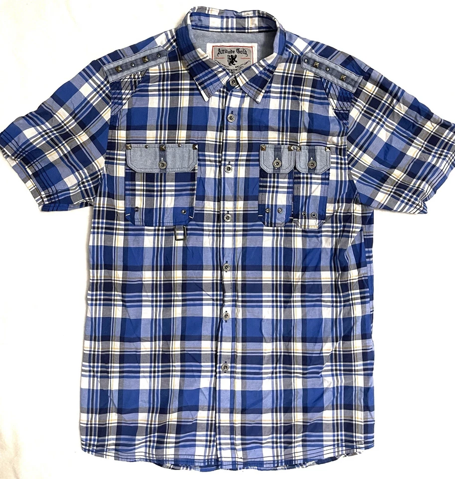 ATTITUDE GOLD Men's Blue Shirt Button Up Plaid Short Sleeve Size XL Casual Wear - Image 1 of 4