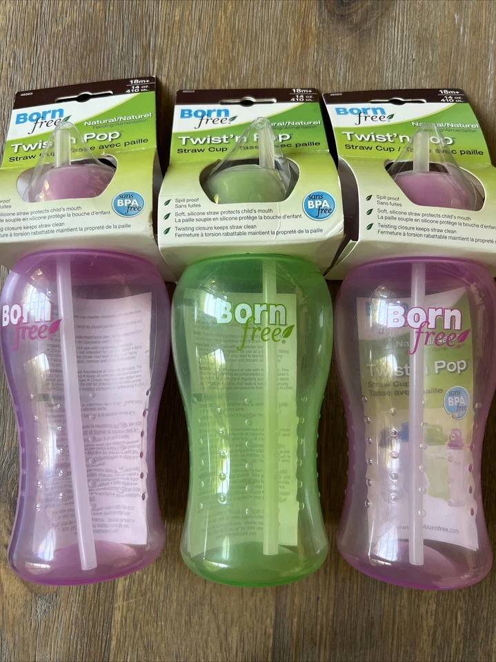 New Born Free Twist & Pop Straw Cups Lot Of 3 Pink & Green  - Image 1 of 3