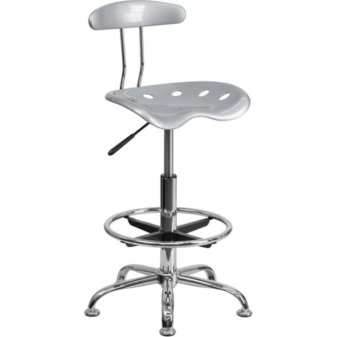 Vibrant Silver And Chrome Drafting Stool With Tractor Seat Cover