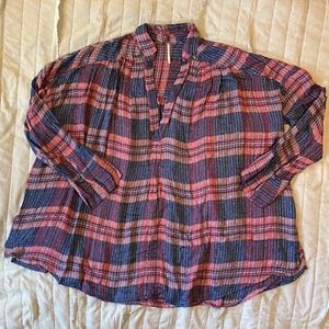 Free People Top Damen groß rosa blau kariert Fearless Love Pailletten Boho Popover - Bild 1 von 10