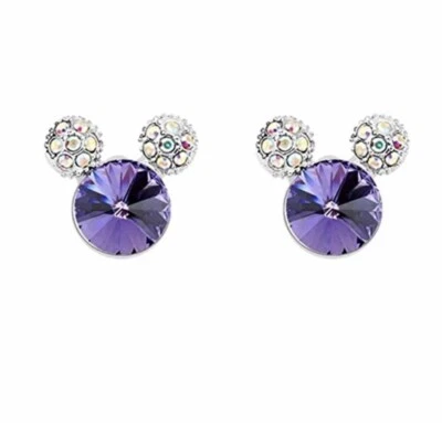 Crystal Mouse Head Stud Earrings Element Silver Tone Swarovski Crystal Amethyst - Image 1 of 4