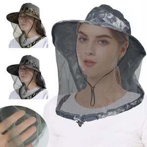 Mosquito Head Net Sun Hat Wide Brim Fishing Mesh Cap with Neck Flap UV Protector - Picture 1 of 17
