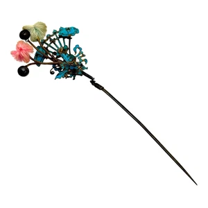 Spilla per capelli ottone piuma Kingfisher dinastia Qing farfalla floreale antico cinese - Foto 1 di 11