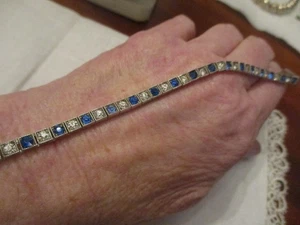 Art Deco sterling silver blue & clear Rhinestone tennis bracelet 7" Diamonbar - Picture 1 of 10