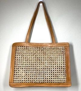 Genuine Leather Rattan Cane Weave Tote Brown Tan Double Handles Magnetic Close - Picture 1 of 13
