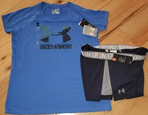 Under Armour big logo shirt & shorts set NWT girls' XL YXL blue - Picture 1 of 2