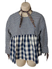 Womens Zara Size Xs Blue Gingham Tie Neck Casual Smock Peasant Boho Blouse Top