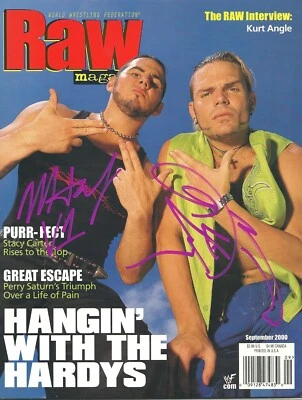 AM637  Hardy Boys Matt Jeff  signed Vintage WWF RAW Wrestling Magazine    w/COA - Image 1 of 3