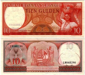 Banknote - 1963 Suriname, 10 Gulden, P121b UNC, Woman w/- basket fruit (F) Arms  - Picture 1 of 1