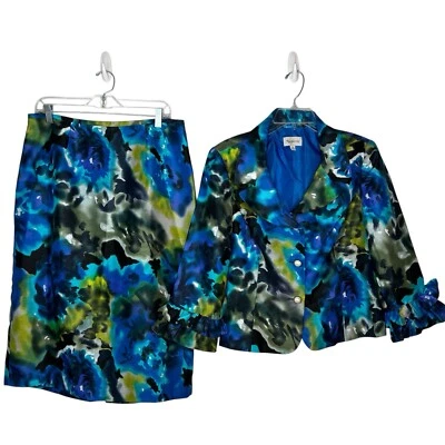 Traje Falda Poliéster Nicolette 12 Azul Floral Volantes Manga Campana Forrado Cóctel Foto 1 de 4