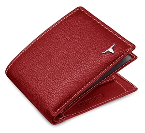 New Red Bi-Fold Leather Men's Wallet RFID Protection Gift Item - Picture 1 of 7