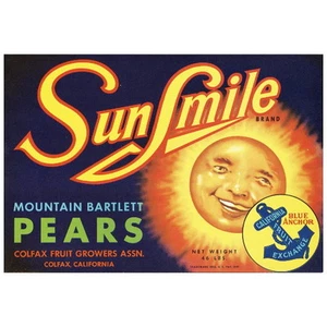 Sun Smile Pears Crate Label FRIDGE MAGNET, Colfax California Refrigerator - Picture 1 of 7