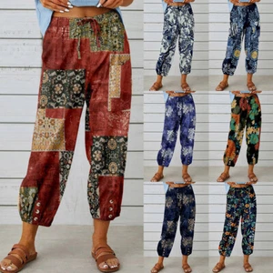 Womens Floral Summer Cotton Linen Baggy Casual Harem Pants Holiday Trousers US - Picture 1 of 17