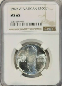 1969 VATICAN SILVER 500 LIRE PAUL VI ANGEL NGC MS 65 GEM BU GREAT LOOKING COIN - Picture 1 of 4