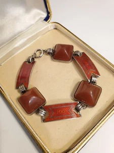 Art Deco Sterling Red Enamel Guilloche Bracelet Carnelian/Sard Pyramid Cabochon - Picture 1 of 5