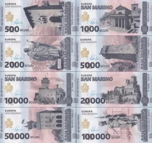 San Marino Republic Set of Eight Souvenir Note UNC COMM. Prüfzettel Set 8 teilig - Bild 1 von 2