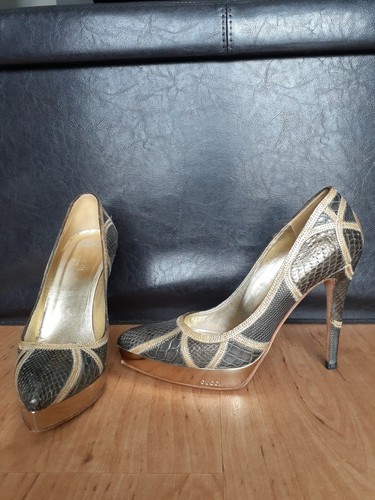 Gucci pelle di lucertola e coccodrillo con piattaforma oro décolleté formali patchwork