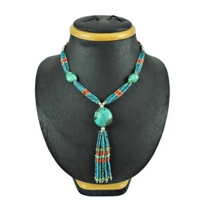 Damen Geschenk Natürlich Türkis Koralle Stein Perlen Kette 925 Silber Boho M66 - Bild 1 von 6