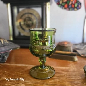 Vtg Indiana Glass Kings Crown Thumbprint Juice Single Goblet Avocado Olive Green - Picture 1 of 10
