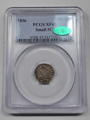 1836 Capped Bust Half Dime 5c PCGS XF45 CAC Small 5C Original H10c *K1000 - Image 1 of 3