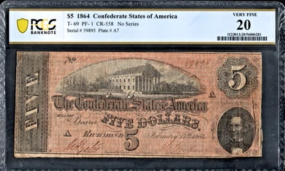 PCGS 20! 1864 CONFEDERATE STATES T-69 $5 NOTE - Image 1 of 2