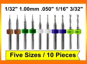 Micro End Mill Set Two-Flute 1/32"-3/32" 10 PC/5 Size Upcut Carbide 1/8" Shanks - Picture 1 of 9