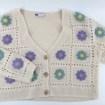 Cárdigan corto boho de frente abierto tejido floral crema de ganchillo SO para mujer M Foto 1 de 4