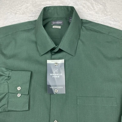 Camisa de vestir Van Heusen para hombre 17,5-32/33 verde bosque sin arrugas ajuste regular nueva con etiquetas Foto 1 de 4