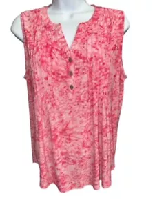 Coral Bay Medium Top Pink Tie Dye Swirl Stretch Floral Pleated Sleeveless Blouse - Picture 1 of 4