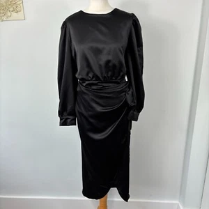River Island Black Satin Faux Wrap Midi Dress Bow Detail Size 14 BNWT RRP £48 - Picture 1 of 16